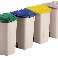 Waste container beige 100l lid blue W.520xD.560xH.860mm with 2 wheels