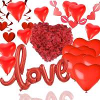 XXL Valentinstag Dekoration Deko Set - Heiratsantrag Hochzeit mit Herzluftballons, Girlande, LOVE Folienballon, Rosenblätter rot